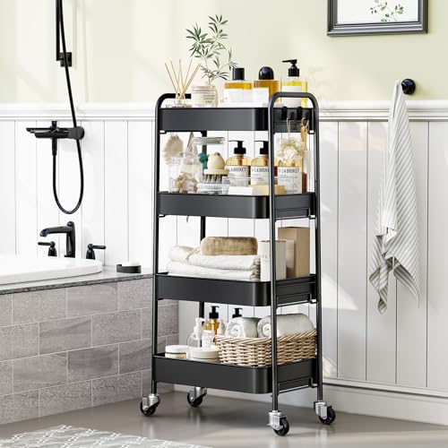 TOOLF 4 Tier Metal Rolling Cart, Utility Storage Cart with Wheels, Black - color: Black, size: 4-Tier