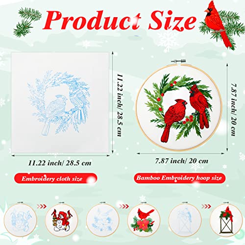 Ysleen 4 Set Christmas Cardinal Embroidery Kit for Beginners with Hoops