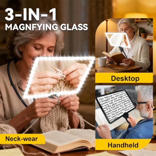 10X Large Magnifying Glass with Lights for Reading,Full-Page Magnifier for Reading Rechargeable 50 LED Lights,Neck-Wear Magnifying Glass with Light, Close Work, Sewing, Low Vision, and Seniors