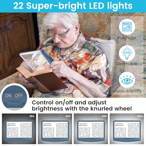 Rechargeable 5X Magnifying Glass for Reading, Large Bright Full Page Magnifier with Light, Handheld LED Dimmable Lighted, Lightweight Book Magnifier for Reading Small Prints Seniors - Blue - color: Blue