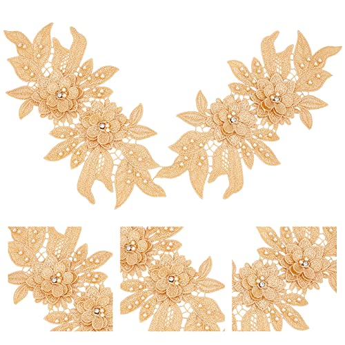 NBEADS 2 Pairs 3D Lace Applique Patches, Goldenrod Sew on Embroidery Lace Flower Patches Floral Motif Beaded Rhinestones Lace Trim Fabric Pearl Appliques for Sewing Wedding Bride Dress Shoes Decor - color: Goldenrod 2 pairs