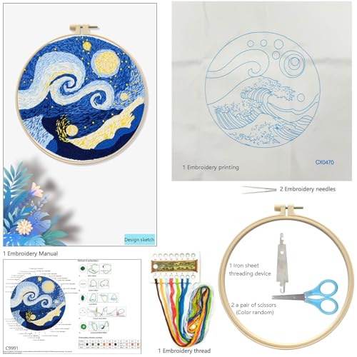Zhenqing Galaxy Embroidery Kit for Beginners, Starry Night Space Needlework Kit with Pre-Printed Fabric, Hoop, Threads & Tools, Celestial Wall Decor (S-CX9991) - color: Starry Night Space