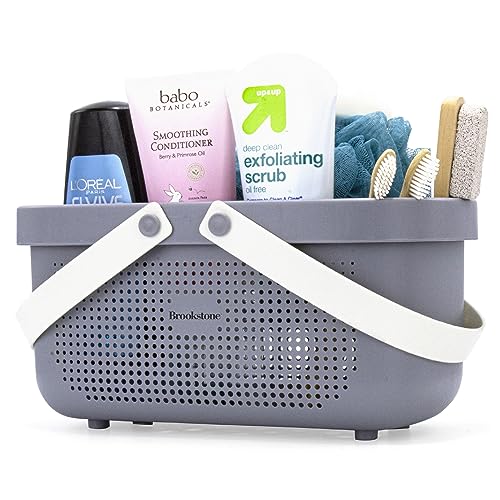 Brookstone Modern Large Portable Shower Caddy with Soft Silicone Carrying Handle, Bathroom Organizer Basket, Plastic Bath Tote and Shower Organizer, Quick Dry Drainage Holes, BPA Free, Grey - color: Gray / Charcoal