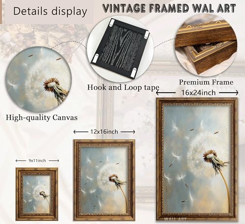 Vintage Gold Frame Timeless Dandelion Wall Art Rustic Farmhouse Flower Botanical Wall Decor Painting Picture Cottagecore Plant Floral Oil Canvas Prints Painting Print, Elegant Nature for Living Room Bedroom, Spiritual Inspirational - color: Botanical, siz