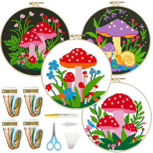FEIYUENO 4 Pack Cute Plant Cross Stitch Embroidery Kit for Adults, Mushroom - color: Mushroom