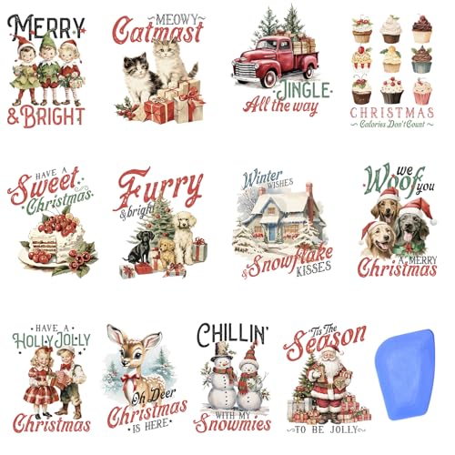 ZMRU 24 Sheets Vintage Christmas Rub On Transfers for Crafts, Rub On Transfers Christmas for Wood，Furniture Decals, Glass, Porcelain, Leather, Canvas, Fabric Projects,3 * 3inch(Vintage Christmas) - color: Vintage Christmas
