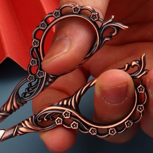 Jasni Pretty Embroidery Scissors 5 Inch Small Sewing Crafting Stainless Steel Vintage peach blossom handle for DIY tools Craft Tailor Threading Shears 2 Packs with cover (Red bronze and Color) - color: Red Bronze and Color