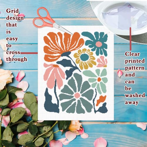 FREEBLOSS 11CT Cross Stitch Kits Abstract Flowers Stamped Cross Stitch Wall Painting Craft Kit Full Range of Embroidery Starter Kits for Adult Beginners with Instruction 15.8 x 19.7