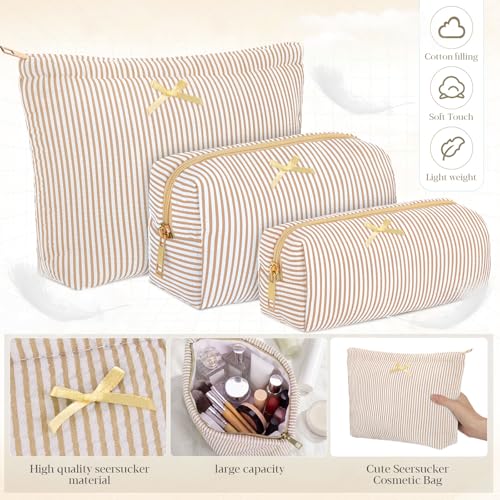 Sanwuta 3 Pcs Seersucker Pouch Cosmetic Bag Set,Khaki - color: Khaki