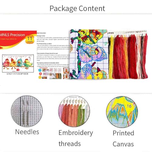 Zhenqing Charming Knitting Chickens Cross Stitch Kit for Beginners - 11CT Printed 12x20inch Aida Cloth, Threads & Needle Included (No Hoop/Scissors)(67427) - color: 67427