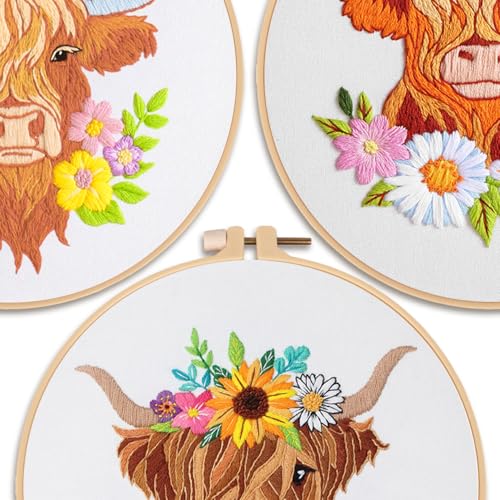Louise Maelys 3 Set Highland Cow Embroidery Kit for Beginners Floral - color: highland cows