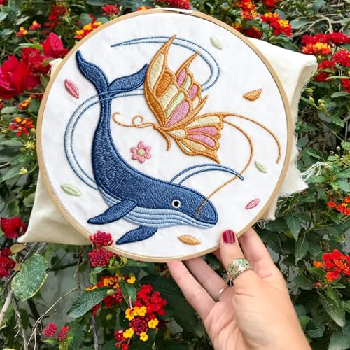 INFUNLY 4 Sets Embroidery Kit for Beginners with Butterfly and Whale Pattern DIY Embroidery Kit for Adults DIY Embroidery Set Cross Stitch Kit for Adults with Plastic Embroidery Hoops Threads Needles - color: Butterfly and Whale