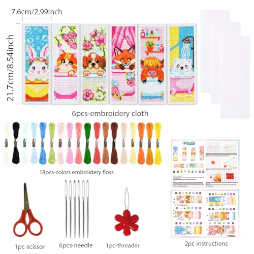 ORIGACH 6 Set Bathtime Animals Cross Stitch Bookmark Kit for Beginner - style: Bathtime Pet