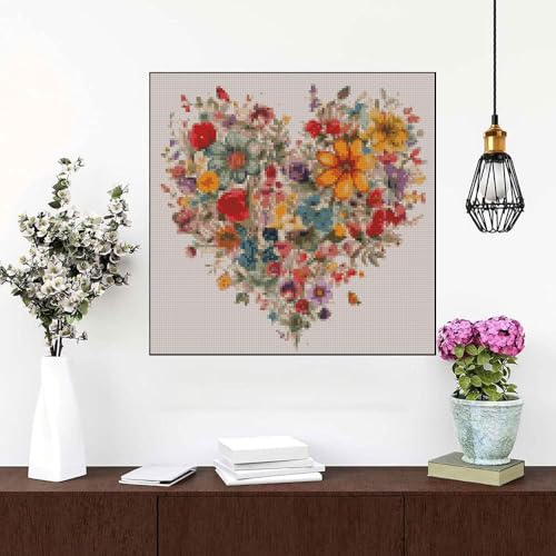 Valentine's Day Stamping Cross Stitch Kit, Flowers Counting Cross Stitch Kit for Adult Beginners , Full Line DIY Cross Stitch Stitching Kit for Home Decor Cross Stitch Patterns 13.7x13.7 inches - color: D047