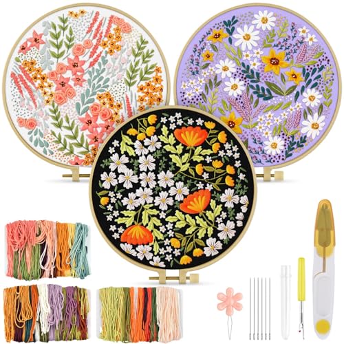 TINDTOP Embroidery Kit for Adult, 3 Pack Embroidery DIY Starter Kit, with Stamped Patterns, Hoop, Tools, Colorful Threads with Needles, Instructions (Bouquet) - color: Bouquet