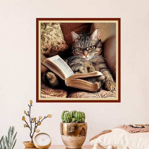 Artvxeay Stamped Cross Stitch Kits - Embroidery Kits for Beginners Cross Stitch Kits for Adults 11 CT Printed Patterns Needlepoint Kits-Cat Reading 18x18 inch - color: Cat Reading 18x18 inch