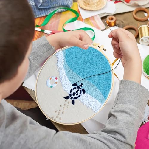 4 Set Ocean Embroidery Kit for Beginners Adults Embroidery Starter Kit Ocean Beach Pattern Spring Summer Hand Crewel Embroidery Kit Cross Stitch Kit Include Instruction 2 Hoops Color Threads Needles - color: Ocean