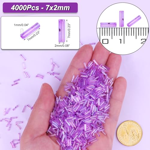 4000 Pcs Iridescent Light Purple Glass Bugle Beads, 2 x 7 mm Embroidery Beads, Small Long Tube Seed Beads for Embroidery Craft Jewelry Making - color: Iridescent Light Purple