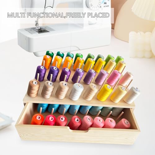 108-Spool Pine Wood Thread Holder with Side Drawer