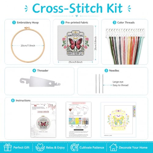 Stamped Cross Stitch Kits for Beginners-Butterfly,with Embroidery Hoop - color: Butterfly