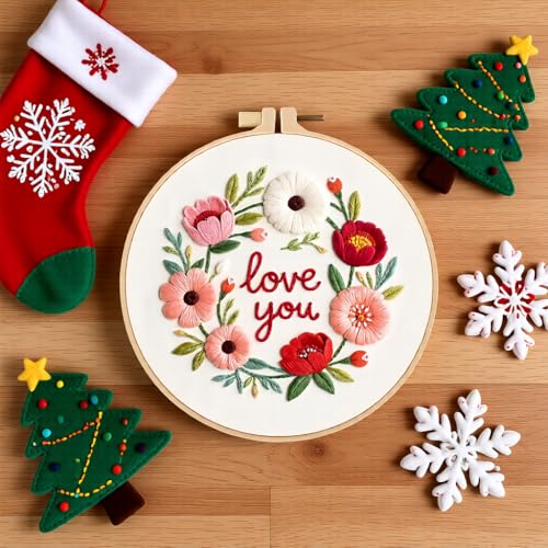 JJFox Embroidery Kit for Beginners and Adults, DIY Hand Embroidery Starter Kit with Cute Pattern, Cross Stitch Needlepoint Set with Hoop, Threads and Instructions (Love You) - color: Love you