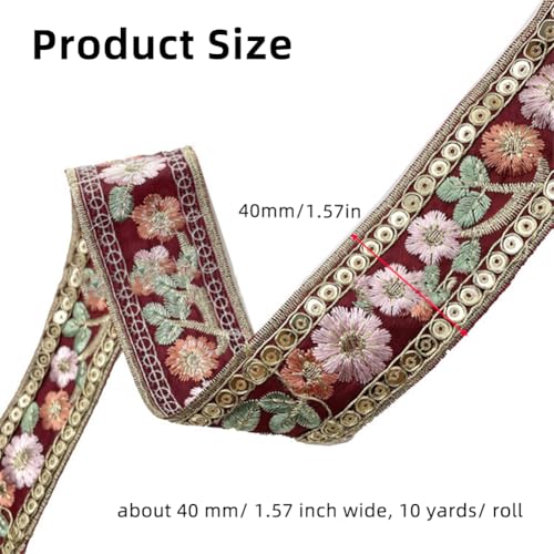 10 Yards 1.57 Inch Flower Jacquard Ribbon Embroidered Sequin Beads Red Embroidery Trim Tape Boho Floral Fabric Applique Ribbons for Sewing Making Crafts Clothes Christmas Embellishment Decor - color: Mixed Color