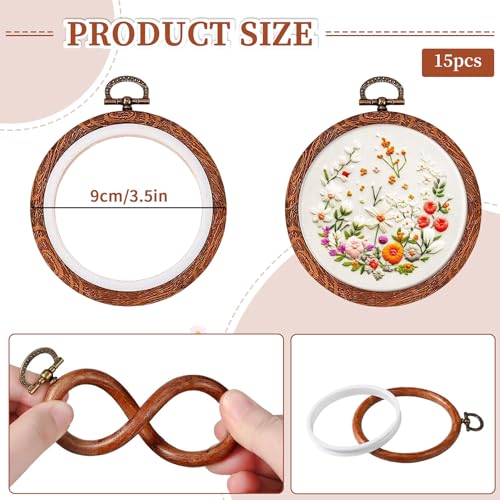 ZESHIHAOGUO 15 Pcs Round Embroidery Hoops - Rubber Ring Imitated Wood Frame Kits for Cross Stitch, DIY Craft, Sewing Projects Hanging Gifts (Brown, 3.54 Inch) - size: 3.54 Inch
