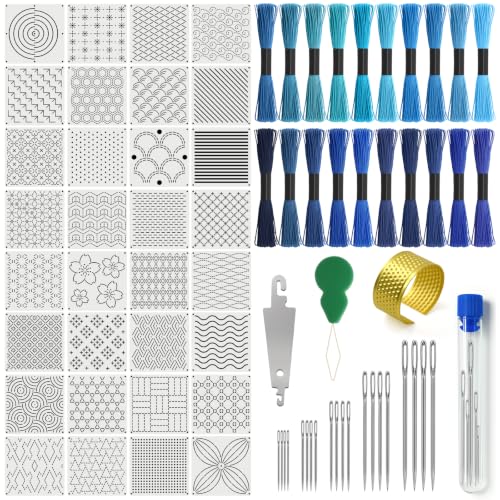 Sashiko Kit, Includes Sashiko Thread, 100% Cotton Fabric, Needle, Thimble, Threader, and Sashiko Pattern Template. Ideal for Sewing Beginners, Mending, and Hand Quilting. (20) - color: 20