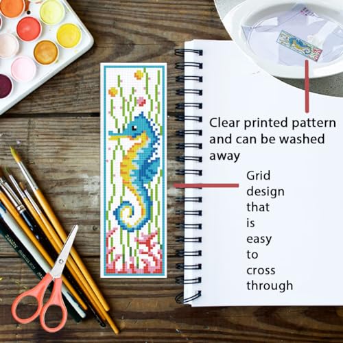 ORIGACH 6 Set Marine Animals Cross Stitch Bookmark Kit for Beginner with Backing Felt Floss Instructions DIY Stamped Embroidery Bookmark Kit for Adults, Book Lovers - style: Marine Animals