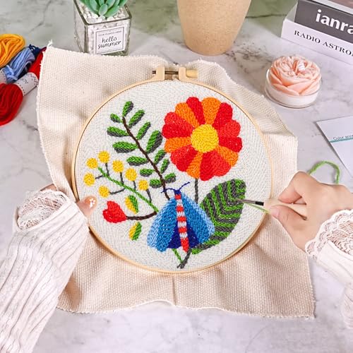 KESTAR Punch Needle Embroidery Starter Kits, Flower Dragonfly Punch Needle Kits for Adults Beginner, Needle Punch Kit Tool with Instruction Threader Fabric Yarns and Hoop - color: Red Flower