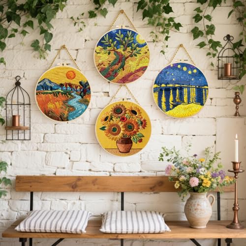 FREEBLOSS 5 Sets Embroidery Kit for Beginners Needlepoint Embroidery Starter Kit with Oil Painting Style Stamped Patterns, Instructions, Colored Threads, 2 Hoops 11.6"/29.5cm