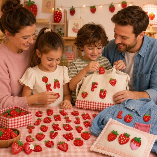 Cinrobiye 38 Pcs Strawberry Patches Self Adhesive Cute Sweet Strawberry A to Z Alphabet Applique Preppy Cute Chenille Letter Patches Stick on for Clothing Hats Bags Fabric DIY Crafts - style: Strawberry