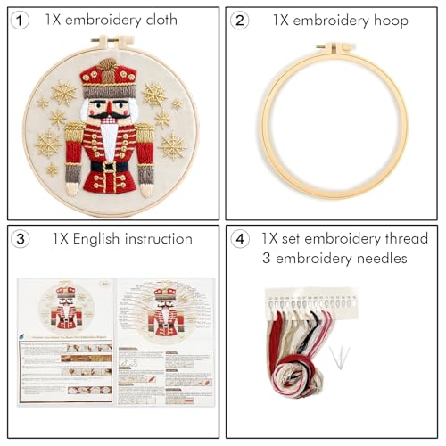 Christmas Embroidery Kit DIY Hand Embroidery Starter Cross Stitch Kits, Christmas Ornaments Embroidery with Stamped Pattern,Cotton,Threads,Needles,Instructions for Adults Beginners (Nutcracker) - color: Nutcracker