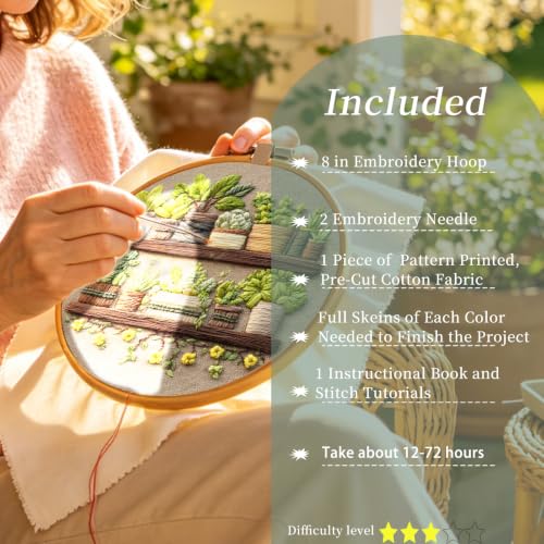 FONNUY Green Plant Embroidery Kit, Petite Potted Plants Patterns, Cross Stitch Kits for Adults and Beginners, Handmade Crafts with Printed Pattern Set, Thread Needlework, 8'' Hoop (Green A01) - color: Green A01