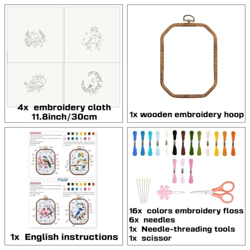 ORIGACH 4 Set Hummingbird & Flower DIY Embroidery Kit for Beginners Adults - style: Hummingbird and Flower