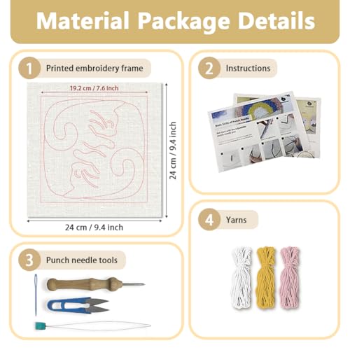 DOODLREAM Hug Cats Punch Needle Kit for Beginner, 9.4"x9.4" Cute Animal Punch Stitching Craft Set, DIY Embroidery Starter with Printed Frame, Instruction, Threader, Yarn, Pinch Needle - color: Hug Cats