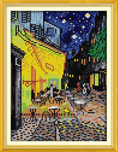 IUHUI 14 Count Stamped Cross Stitch Kits for Beginners Adults, The Night Cafe of Van Gogh Pre-Printed DIY 14ct Embroidery Sewing Starter Kit Needlework Easy Patterns Famous Paintings - color: The Night Cafe
