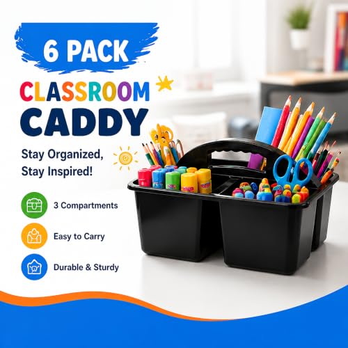 Haundry 6 Pack Black Classroom Caddy, 3-Compartment Plastic Supply Bins - color: Black