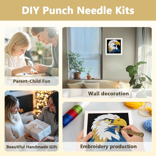 Doodlream Bald Eagle Needle Kit for Beginner, 9.4"x 9.4" Majestic Bird Punch Stitching Craft Set, Color DIY Embroidery Starter with Printed Frame, Instruction, Threader, Yarn, Pinch Needle - color: Eagle