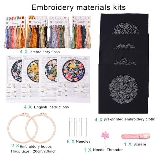 Harimau Adult Beginner Embroidery Starter Kit, Complete Set with 4 Patterns, 2 Hoops, Needles, Scissors, Instruction Guide & Stitching Video Tutorials - color: Floral9 pattern