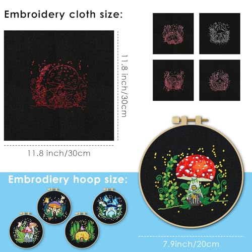 ERKOON 5 Sets Embroidery Kit for Beginners Adult Mushroom Cross Stitch - color: Black-Mushrooms