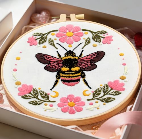 Bees Flowers Embroidery Kits for Beginners Adults, Hand Embroidery Starters Kits, Floral Stamped Cross Stitch Kits DIY Needlepoint Kits for Beginners Adults, Embroidery Hoop, Thread and Video Tutorial - color: H2111