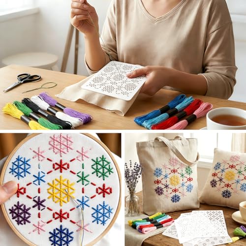Sashiko Kit, Includes Sashiko Thread, 100% Cotton Fabric, Needle, Thimble, Threader, and Sashiko Pattern Template. Ideal for Sewing Beginners, Mending, and Hand Quilting.