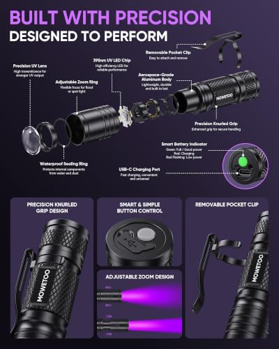 MOWETOO Black Light Flashlight,395nm Mini Zoomable UV Light