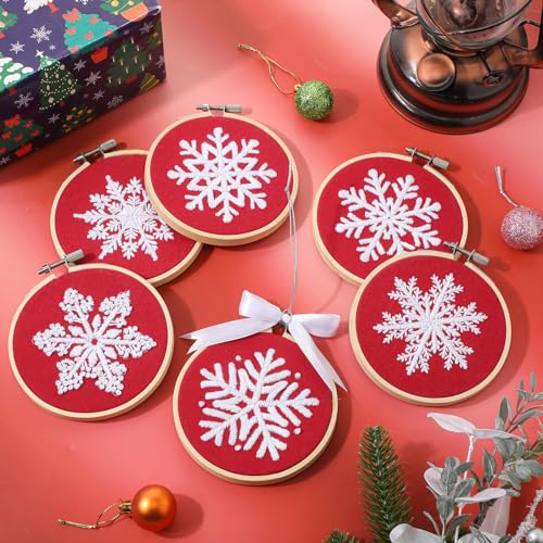 Roowest 6 Sets Christmas Embroidery Kits Snowflake Ornament DIY,Red - color: Red