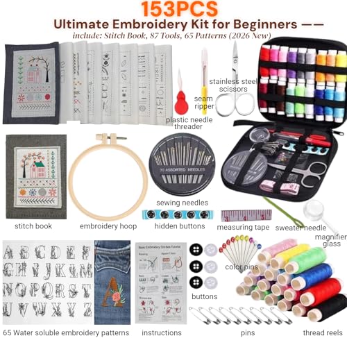 2026 Upgraded Embroidery Stitch Book & Complete Kit for Beginners | Includes Embroidery Hoop,86 Tools,65 Water-Soluble Patterns & 106 Stitches With Guides,Portable Craft Set for Adults & DIY Lovers