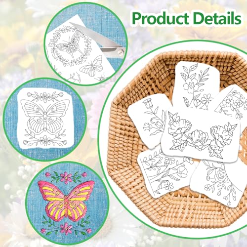 ORIGACH 4 Sheets Water Soluble Embroidery Patterns Stabilizers - Pre-Printed Moth Insect & Flower Designs - Stick & Stitch Embroidery Paper for Hand Sewing Lovers - color: Moth Insect & Flower