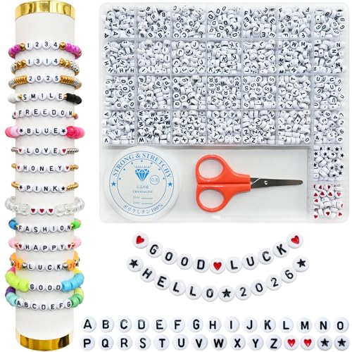 Amaney 1500 Pieces 4x7mm White Round Acrylic Alphabet Letter Beads A-Z Number Beads Star Beads Heart Beads and Crystal Line for Jewelry Making - color: White&Number, size: 7x4mm