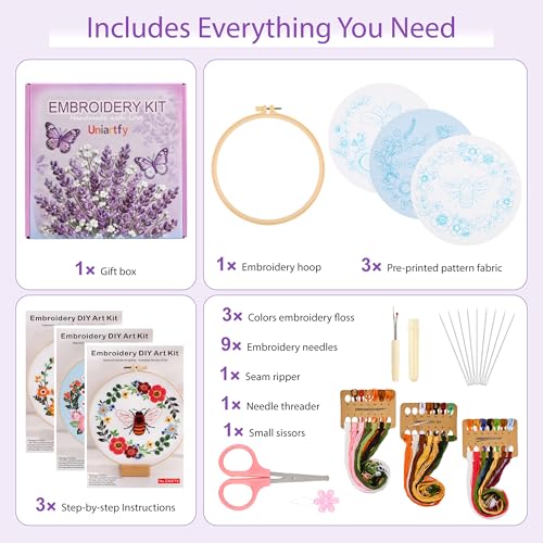Uniartfy 3 Pack Bee Flower Embroidery Kits for Beginners, Cross Stitch Kit for Adults, DIY Needlepoint with Embroidery Hoop, Tools, Easy to Learn Video & Instructions, Hand Embroidery Starter Kit - color: Embroidery Kit-I