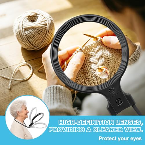 Neck Magnifying Glass with Light for Close Work,Handheld Neck-Wear Magnifier Neck Light for Reading Books, 5X/10X Magnifiers for Seniors Repairing Reading Sewing